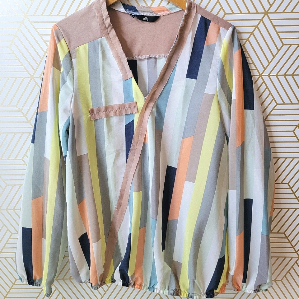 NIFE Stripe Colorblock Surplice Faux Wrap Blouse Top